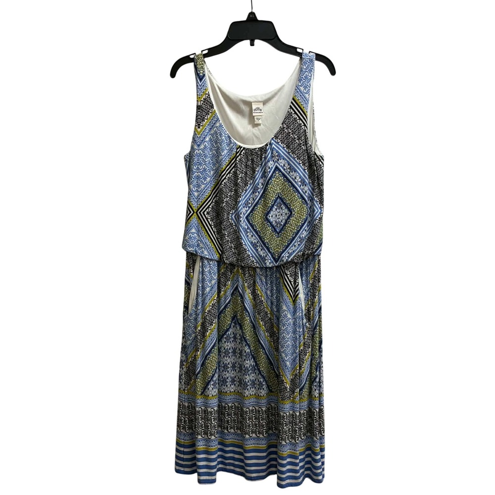 Sangria Geometric Blouson Midi Dress Womens S Blue Yellow Abstract Print